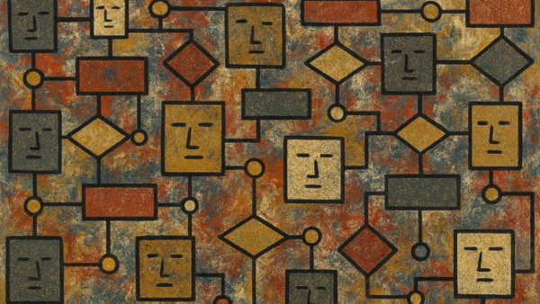 An abstract impression of vibe coding in the style of Rothko. Its square smily faces intertwined with code process flow