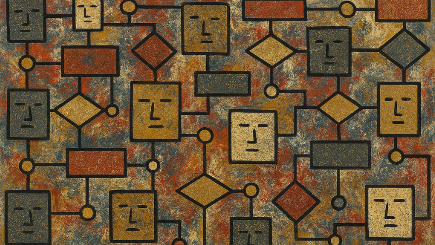 An abstract impression of vibe coding in the style of Rothko. Its square smily faces intertwined with code process flow